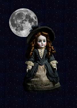 Antique Doll with Moonlit Starry Background
