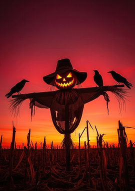 Halloween Scarecrow with Crows at Sunset