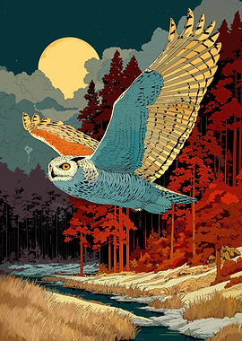 Owl in Flight over Winter Landscape