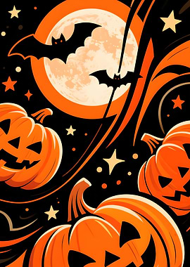 Halloween Night with Pumpkins and Bats