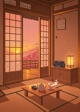 Anime Cozy Japanese Room with Sunset View