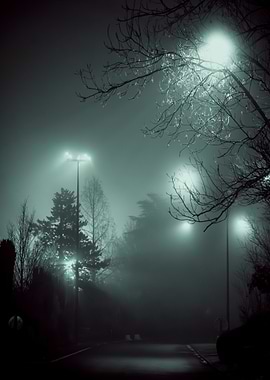 Eerie Foggy Night Street Scene