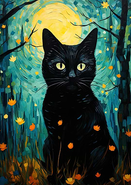 Black Cat in Moonlight Painting