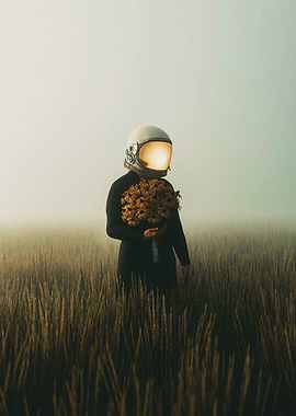 Astronaut in Field with Flowers