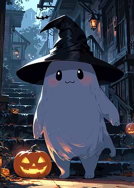 Cute Ghost in Witch Hat Halloween