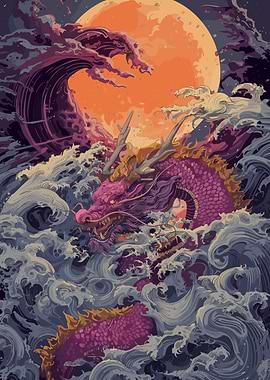 Dragon in Waves Under Full Moon