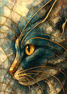 Abstract Fantasy #86 - Abstract Cat Portrait with Golden Lines