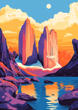 Colorful Glacier Rock Mountains Lake Minimalist Art Illustration