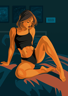 Woman in Lingerie on Bed Illustration
