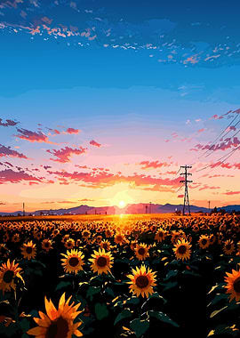 Sunflower Field at Sunset Digital Art