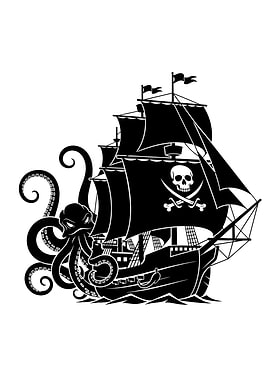 Pirate Ship Attacked by Octopus Silhouette