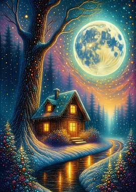 Winter Cabin Under a Full Moon