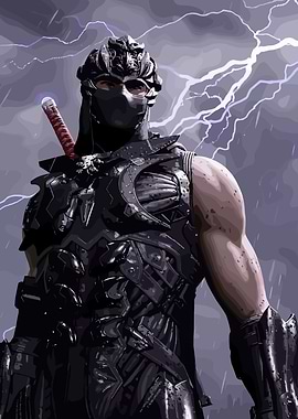 Armored Ninja Warrior in Stormy Weather