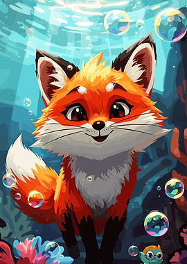 Cartoon Fox Underwater with Bubbles