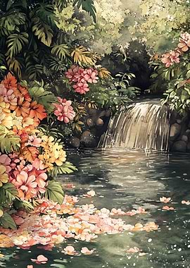 Watercolor Waterfall with Flowers and Foliage