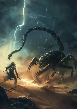 Warrior facing giant scorpion in storm