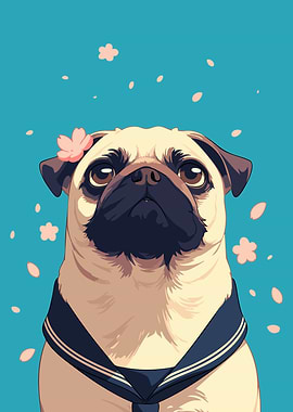 Japanese Sakura Pug Cute Minimalist Art Illustration