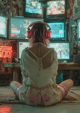 Gamer Girl Surrounded by Screens