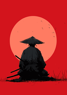 Samurai Silhouette Against Red Sun