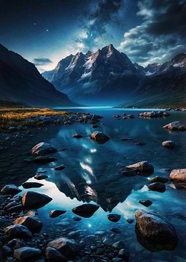 Mountain Reflection in Lake at Night