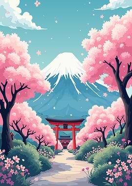 Mount Fuji cherry blossoms with torii gate Japan