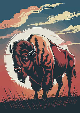American Bison Illustration with Sunset Backdrop