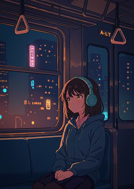 Anime Girl on Train at Night