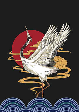 Japanese Crane with Sun and Waves