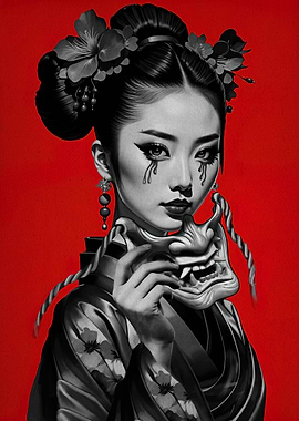 Geisha with Mask on Red Background