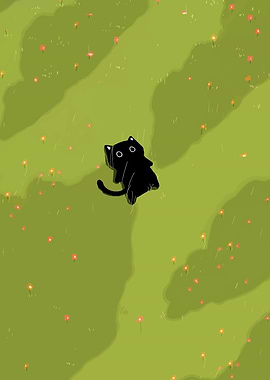 Black cat in a flower field