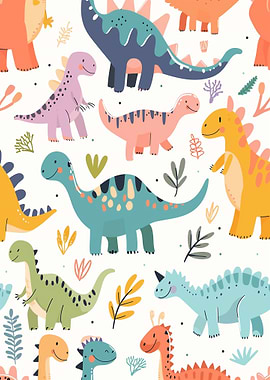 Colorful Dinosaur Pattern on White Background