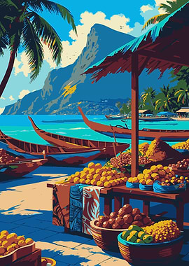 Tropical Beach Market with Boats