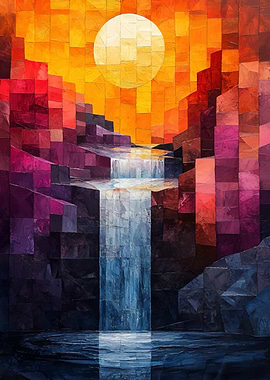 Abstract Waterfall Landscape with Geometric Style