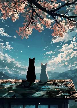 Cats on Roof Anime Style