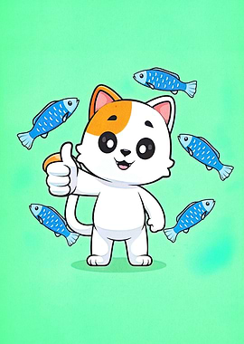 Cartoon Cat with Fish on Green Background