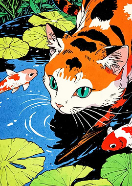 Calico Cat and Koi Pond