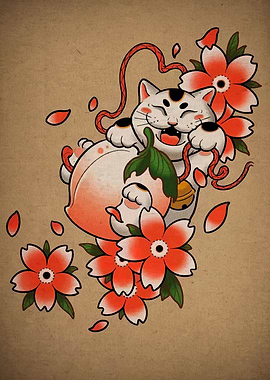Maneki Neko with Peach and Flowers