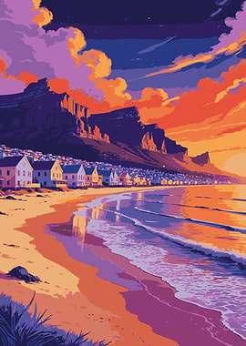 Coastal Town at Sunset Illustration
