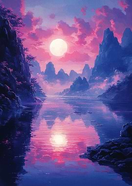 Pink and Blue Mountain Lake Landscape