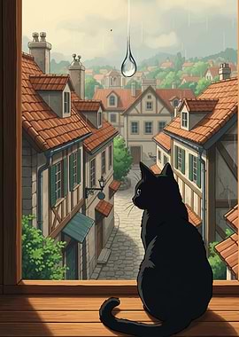 Black Cat Gazing at Rainy Town