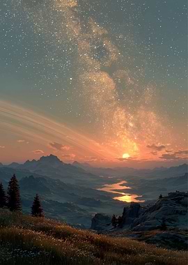 Mountain landscape with starry sky