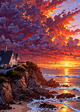 Coastal Sunset with House on Cliff