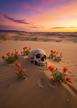 Skull and Flowers in Desert Landscape