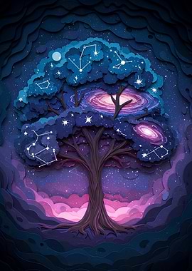 Celestial Tree with Constellations and Galaxies