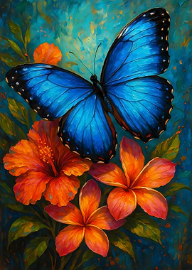 Blue Butterfly and Orange Flowers Painting