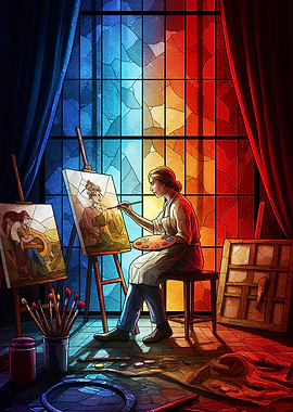 Artist in Studio with Stained Glass