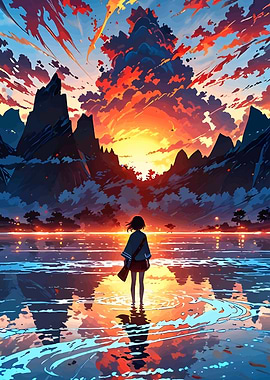 Anime Girl at Sunset Lake