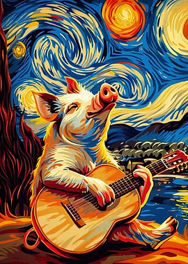 Pig playing guitar Van Gogh