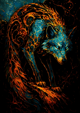 Abstract Fantasy #101 - Abstract Wolf with Blue and Orange