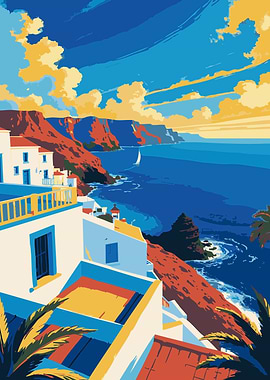 Coastal Village Landscape Illustration